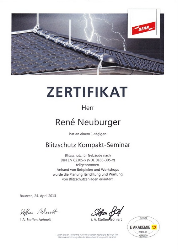 Zertifikat Blitzschutz 2013-001